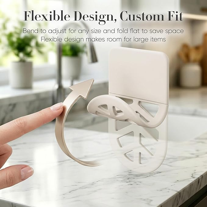 Flexible Sponge Holder for Kitchen Sink Adhesive - Bendable Silicone Sink Caddy 2 Pack, Metal Core Dish Scrubber Rack, Fold-Flat Organizer for Soap Brush Razor, Stone Wall Mount (Creamy White)