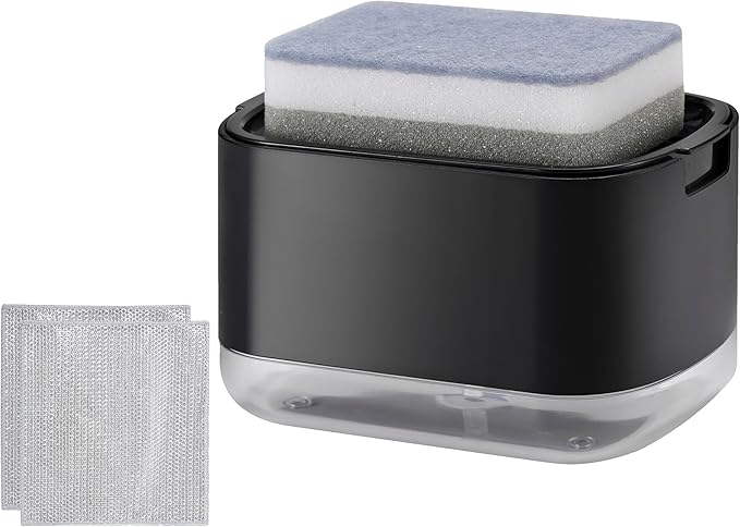 Kitchen Dish Soap Dispenser with Sponge Holder, 2-in-1 Countertop Soap Pump Dispenser, Soap Dispenser for Kitchen Sink with 2-Packs Wire Dishwashing Rag,Black