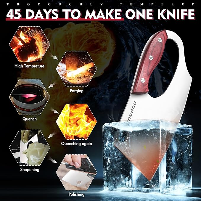 ROCOCO Easy Handle Meat Cleaver - Effort Saving Chef Knife Unique Professional for Kitchen Cutting Meat Vegetable Gift Red Full Tang Stainless Steel 7.48"