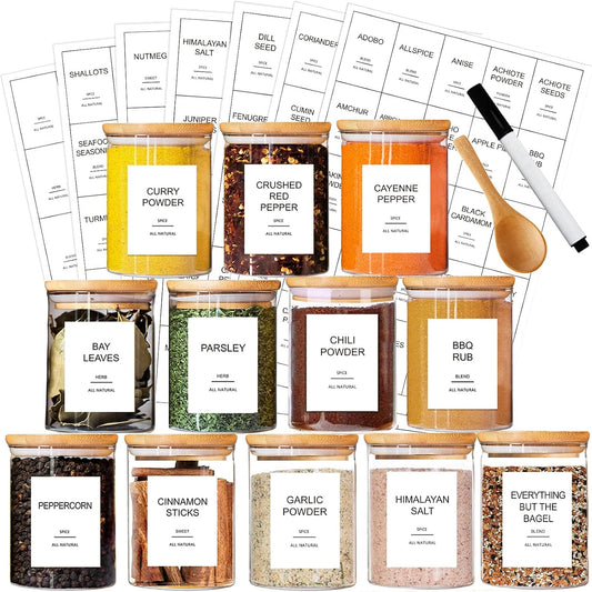 12 Pcs Glass Spice Jars with Bamboo Airtight Lids and 191 Labels - 8.5oz Small Food Storage Containers for Kitchen, Seasoning, Coffee, Herb - Spoon and Marker Included