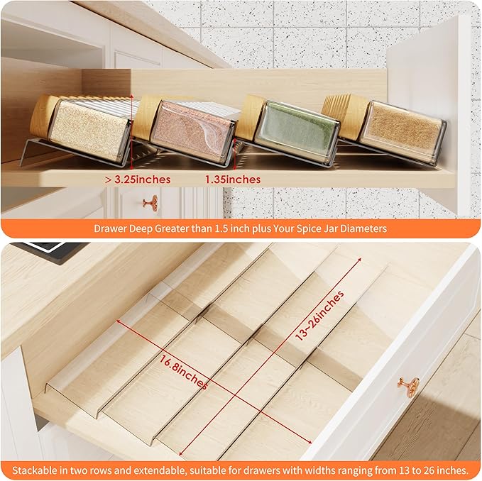 Jadehom Spice Drawer Organizer, 4 Tier Clear Acrylic Expandable From 13" to 26" Seasoning Jars Drawer Insert, Kitchen Drawer Spice Rack Tray for Cabinet/Countertop