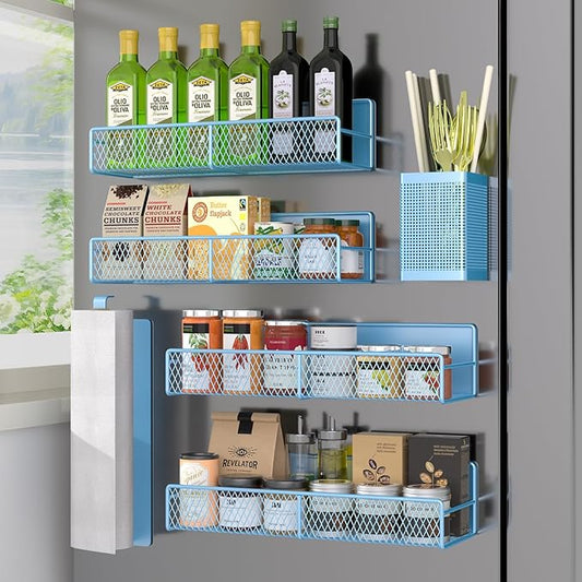 Magnetic Spice Rack for Refrigerator, 6 Pack Metal Magnetic Shelf Blue