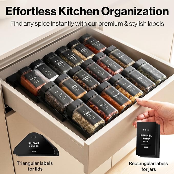 EDELHAUS Square Glass Spice Jars with Label and Black Rotating Lids (24 x 4oz) Spice Containers with 240 Labels, Shaker Inserts, Silicone Funnel, Empty Square Empty Square Seasoning Organizer