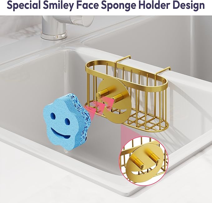 SWTYMIKI Sponge Holder for Kitchen Sink - Movable Sink Caddy with Smiley Face Sponge Holder, Rustproof Hanging Sponge Organizer in Double Bowl Sinks Depth>3.15in, Middle Divider<1.5in, Gold