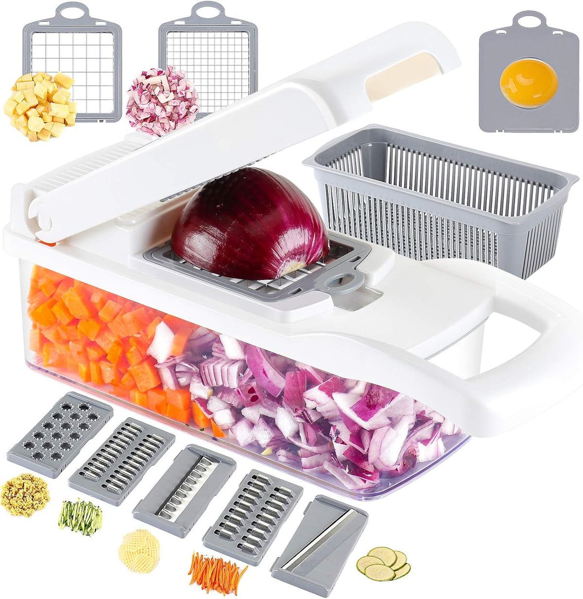 Vegetable Chopper Onion Cutter, 12 in 1 Professional Mandoline Slicer for Kitchen, Multifunctional Food Chopper for Potato, Tomato, Veggie with Strainer Basket, 8 Blades, White