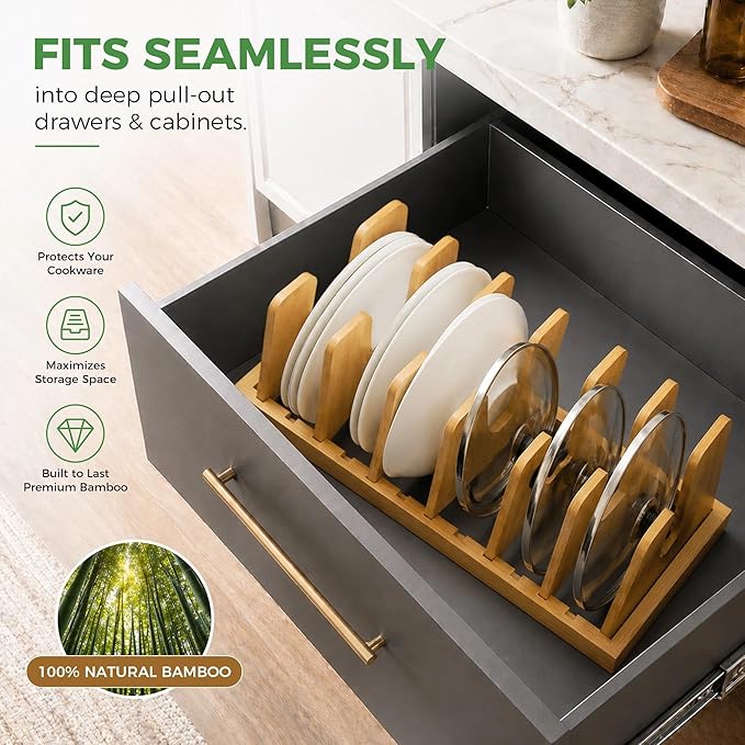 Premium Bamboo Pot Lid and Pan Organizer Rack for Kitchen Cabinets & Drawers – Adjustable Expandable Cookware Divider for Heavy Cast Iron, Baking Sheets & Plates – Scratch-Free Moisture-Resistant Wood