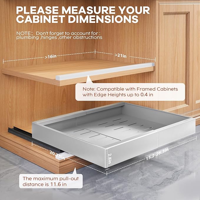 Seinloes 2 Pack Expandable Width (15.15"-26.3") Pull Out Cabinet Organizer 21" Deep with Raising Pad for Framed Cabinets, Upgrade 3 Slide Rails Slide Out Drawers, Roll Out Shelves Adhesive, Silver