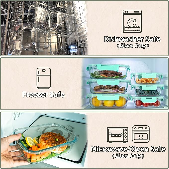 UMEIED 10 PACK Glass Food Storage Containers with Leak Proof Lids, Glass Airtight Meal Prep Containers Set for Lunch, On the Go, Leftover, Kitchen Pantry Organizers and Storage (Mint Green)