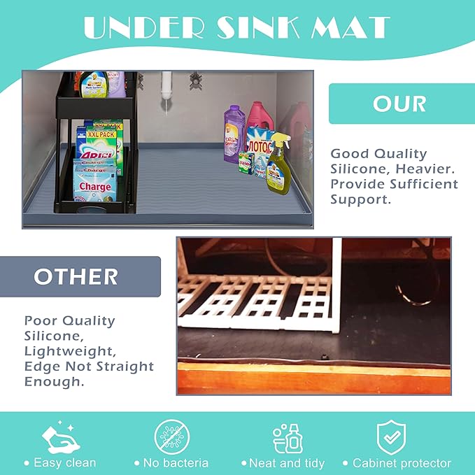 URMONA Waterproof Silicone Under Sink Mat 31'' x 22'' Shelf Liner for Kitchen and Bathroom, Cabinet and Counter Protector, Storage and Organizers, Litter Mat, Pet Cat Puppy Essentials(Green)