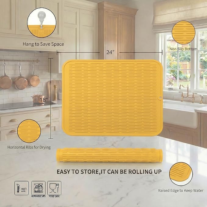 MicoYang Silicone Dish Drying Mat for Multiple Usage,Easy clean,Eco-friendly,Heat-resistant Silicone Mat for Kitchen Counter or Sink