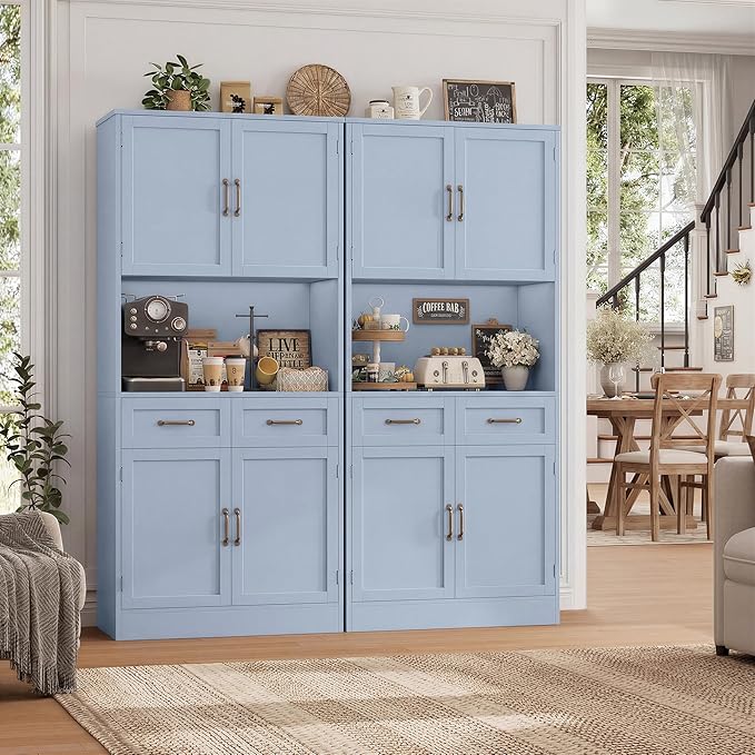 HOSTACK 71" Tall Kitchen Pantry Storage Cabinet, Modern Kitchen Hutch Bar Cabinet with Microwave Stand, Wood Buffet Sideboard with Hutch, Cupboard with Drawers, Shelves for Dining Room, Light Blue
