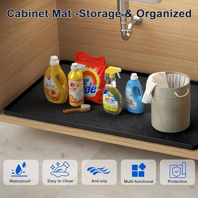 Under Sink Mat 34" x 22" Waterproof Kitchen Cabinet Mat, Flexible Under Sink Liner, Kitchen Bathroom Cabinet Mat Protector for Drip Leak Spill (Black)