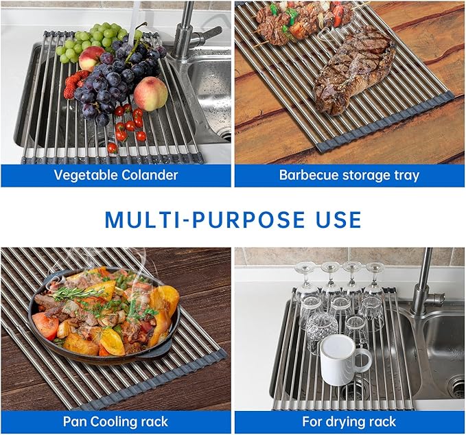 CHIRISEN Expandable Large Roll Up Dish Drying Rack, Foldable Over The Sink Dish Drying Rack, Rolling Dish Drainer Stainless Steel Roll Rack for Kitchen Sink Counter (Gray, 21.25x12.79in)