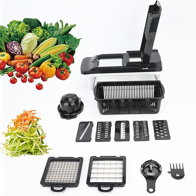 Vegetable Chopper 14 in 1 with Stainless Steel Blades – Multifunctional Onion Chopper, Mandoline Slicer, Food Dicer, Kitchen Cutter Set and must have Kitchen appliances and tools