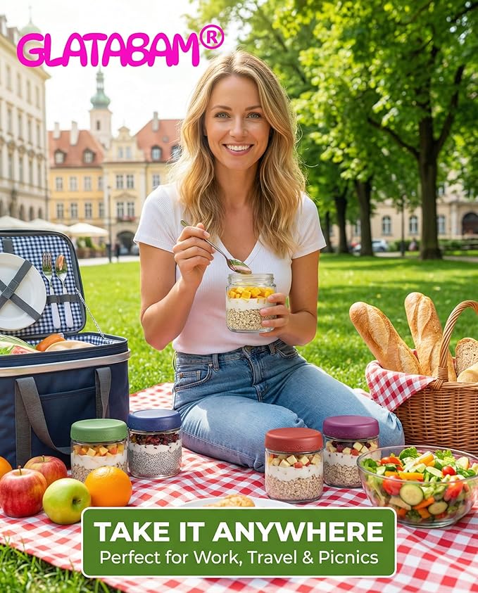 10 OZ 4Pack, Overnight Oats Jars with Lids, Glass Meal Prep Containers, Airtight Mason Jars for Breakfast, Yogurt Parfait, Salad & Smoothies, Leakproof and Reusable Food Storage Jars(4-1)