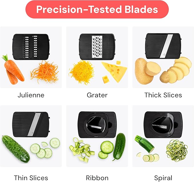 Fullstar Mandoline Slicer for Kitchen, Fruit Cutter, Cheese Grater, Cucumber Slicer, Veggie Spiralizer, Food Cutter & Kitchen Gadgets & Gifts with Safety Glove (6 in 1, White)