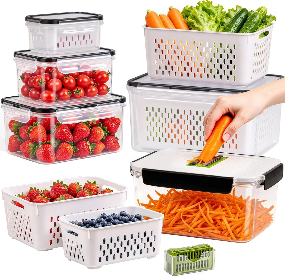 5 PCS Large Fruit storage Containers for Fridge with Colanders and Choppers