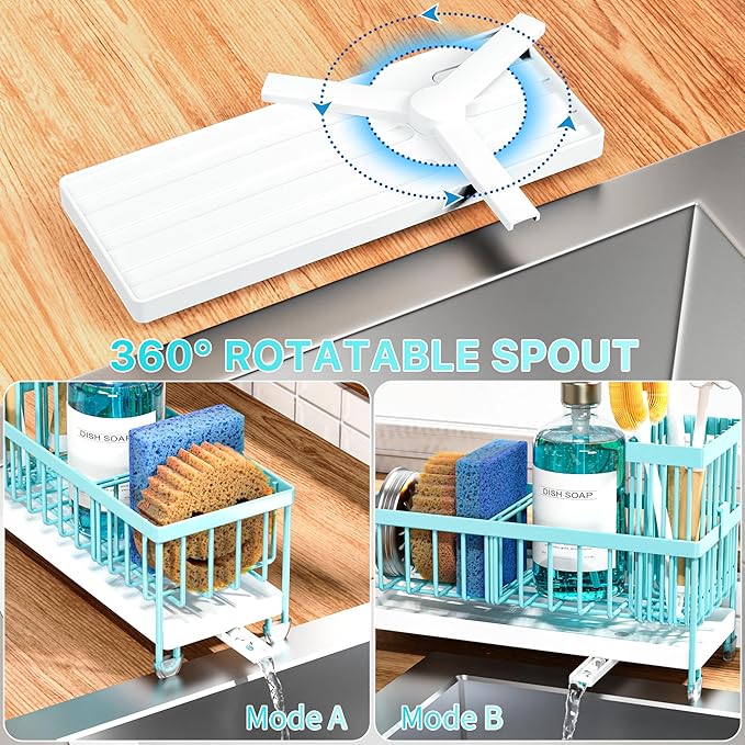 Cisily Sponge Holder for Kitchen Sink, Sink Caddy Organizer with High Brush Holder, Kitchen Countertop Organizers and Storage Essentials, 304 Stainless Steel, Teal Kitchen Decor (Turquoise, 9.25″)