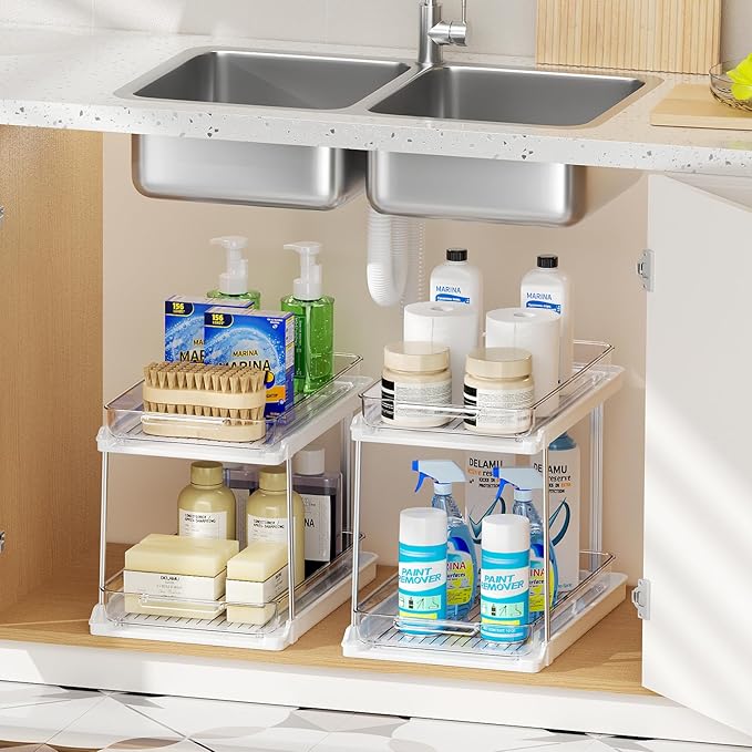 Delamu 2-Tier Bathroom Under Sink Organizers and Storage, Pull Out Cabinet Drawers with Anti-Slip Design, Multi-Purpose Storage for Kitchen, Pantry, Bathroom & Home Organization, White, 4 Pack