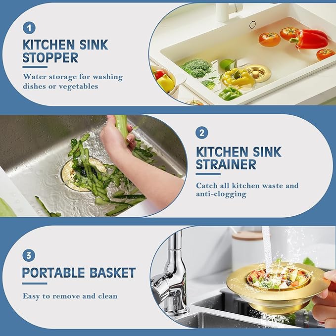Kitchen Sink Drain Strainer 3 in 1, 304 Stainless Steel Pop Up Sink Stopper, Anti-Clogging Sink Drain Strainer for US Standard Kitchen Drain (Gold)