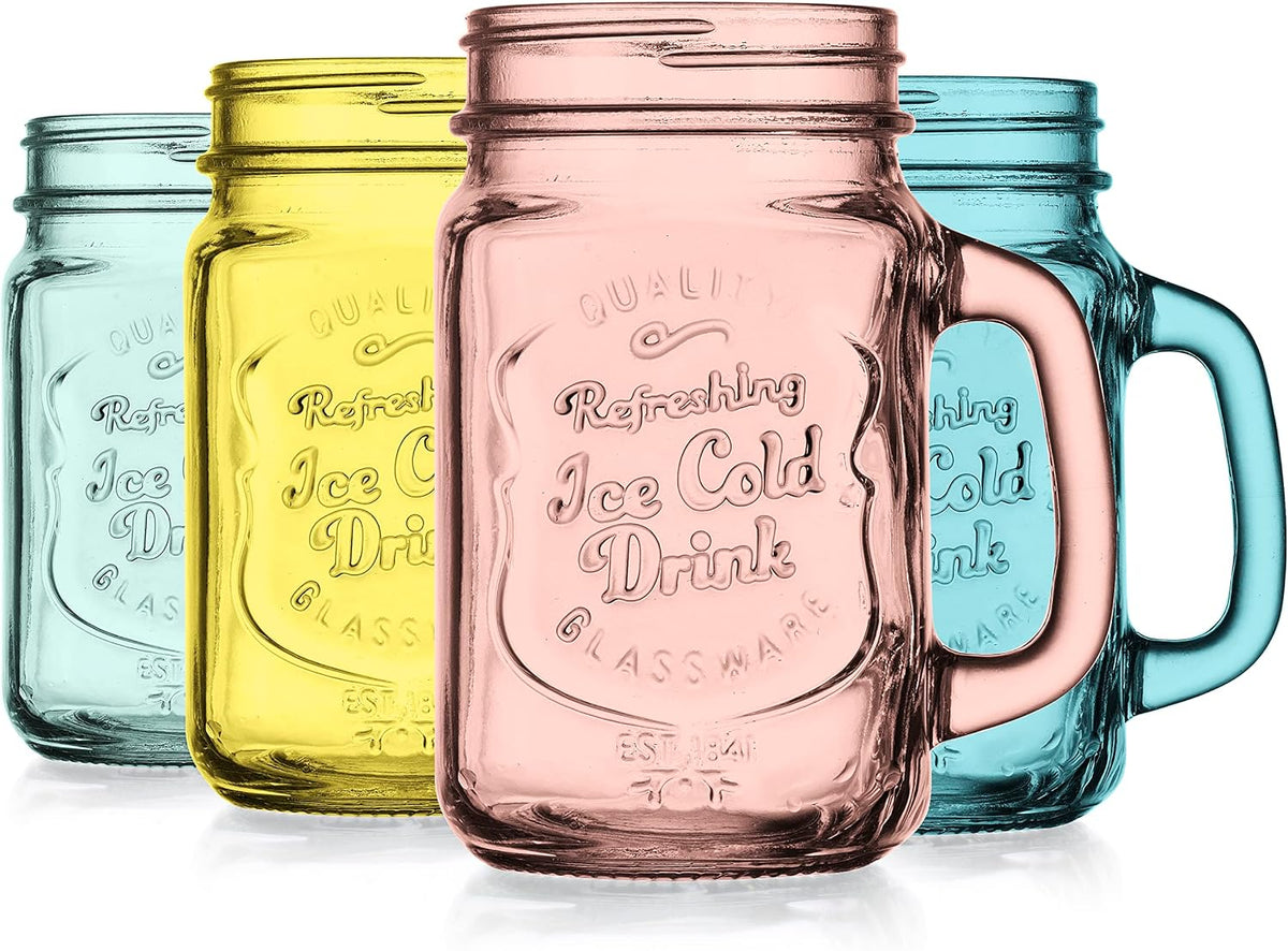 Mason Jar Drinking Glasses Set Of 4, 15 oz. Colored Mugs With Embossed Ice-Cold Drinkware Logo, Glass Mason Jar Mug With Handle. For Smoothies, Cocktails, Beverages. Hand Wash