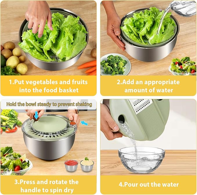 Stainless Steel Salad Spinner Large with 5 Blades Slicer, Lettuce Washer Spinner and Dryer, Vegetable Fruits Chopper Bowl, Egg Yolk Strainer Comes with Dipping Saucers and Clip, 5.3Qt