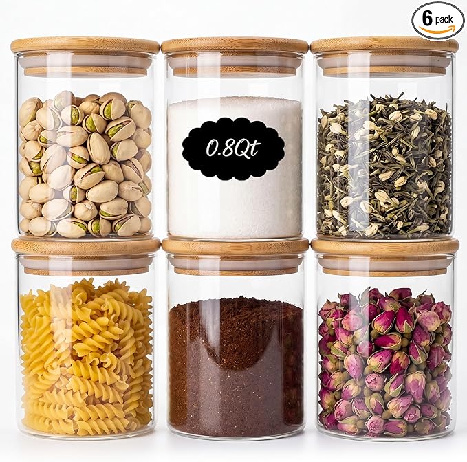 6-Pack 0.8Qt Round Glass Storage Jars with Bamboo Lids, Pantry Storage Containers for Neat Organization, Ideal for Minimalist Kitchen Organizer, Nut, Coffee Beans, Oats, Cookie, Candy, Tea