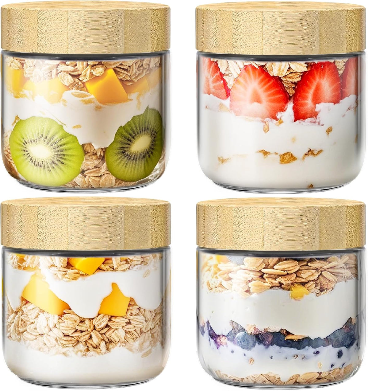 10 oz Overnight Oats Containers with Bamboo Lids, Glass Mason Jars 4 Pack