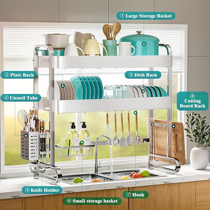 HOWDIA 3-Tier Over The Sink Dish Drying Rack, 304 Stainless Steel Dish Rack with Honeycomb Design, Cutlery Holder & Chopping Board Rack, 33.86” x 11.81” x 33.07” for Maximum Kitchen Storage