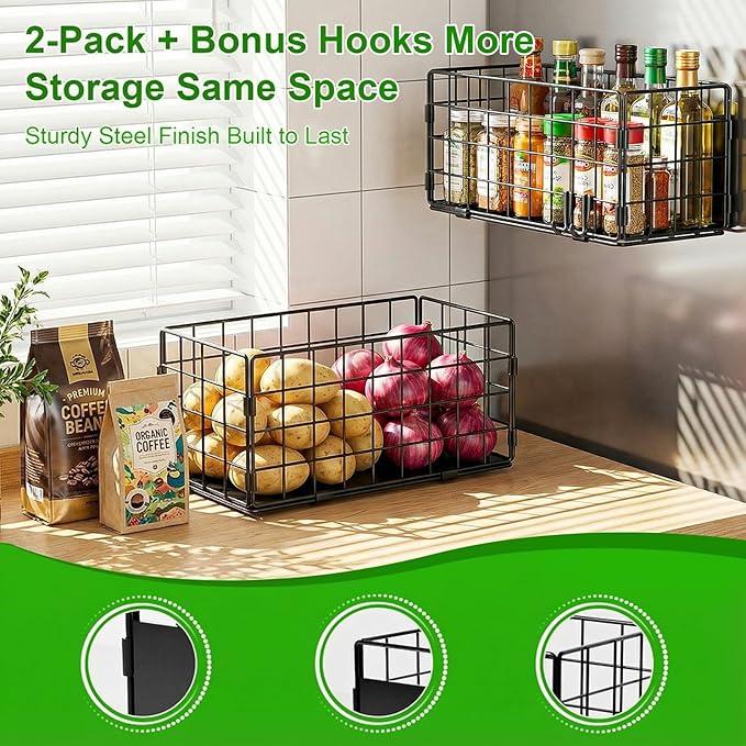 2 Pack Magnetic Basket for Laundry Room & Fridge Side, Large Metal Fruit Potato Onion Storage Bin with Strong Magnets & Hooks, Magnetic Organizer Shelf for Refrigerator