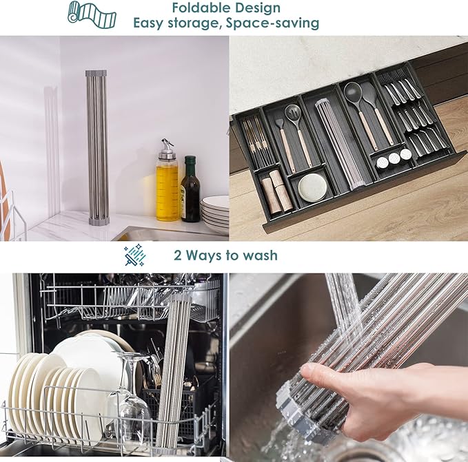 Tomorotec Roll Up Dish Drying Rack Over the Sink Grey Large Dish Drying Rack Rolling Foldable Collapsible SUS304 Stainless Steel Multipurpose Dish Drainer for Kitchen Counter (21”x15.7”)