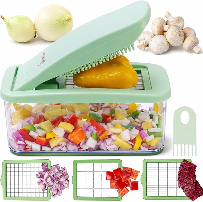 Brieftons QuickPush Food Chopper: Vegetable Dicer Slicer, Onion Cutter, 3 Extra-Large Blades with 200% More Cutting Area to Chop Dice Slice Vegetables, 2.6-Quart Container