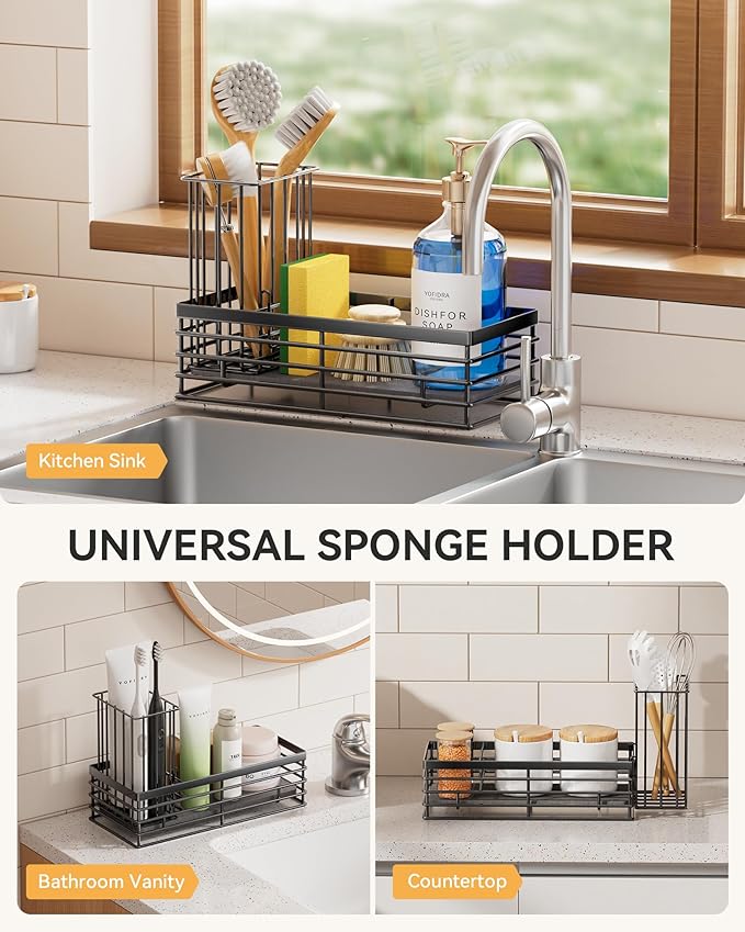 Yofidra Sponge Holder for Kitchen Sink, Sink Caddy Organizer with Stone Drying Mat, Kitchen Countertop Organizers and Storage Essentials, 304 Stainless Steel (Black, 9.3″)