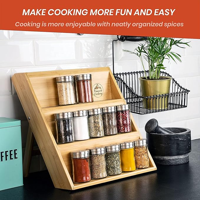 Bamboo Spice Rack Organizer for Countertop - Eco Friendly Seasoning Organizer 3-Tier Spice Shelf - Space Saving Wooden Spice Rack