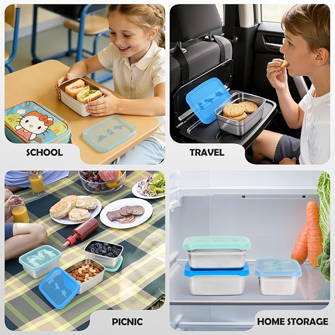 Tanjiae 3-Pack Stainless Steel Snack Containers for Kids & Toddlers - 550ml (18oz) Leakproof Colorful Lids with Cute Dinosaurs | LFGB Certified, Stackable Metal Lunch Box for Daycare, School, Travel