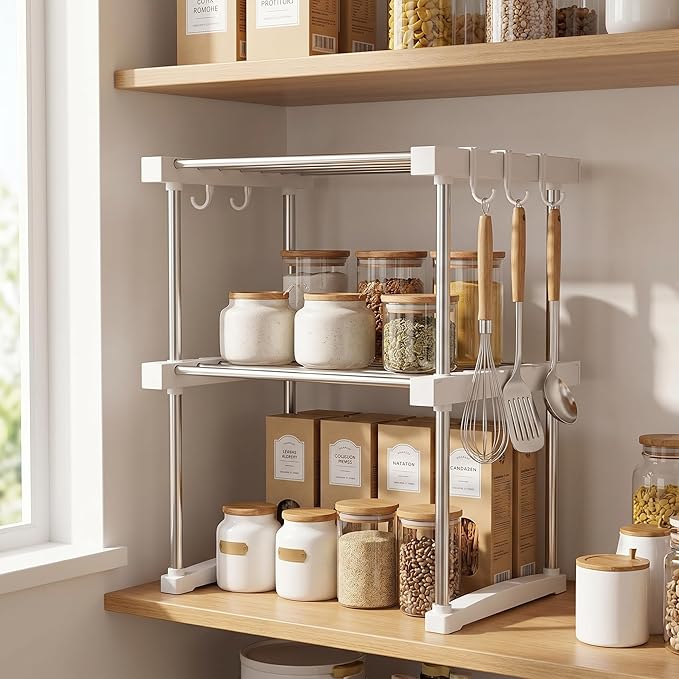 BLULEE Dual-Adjustable Cabinet Organizer Shelf,Expandable Width & Height Stackable Spice Rack with Snap-Lock,2-Tier Kitchen Organization and Storage for Under Sink,Countertop,Pantry,White,1Pack