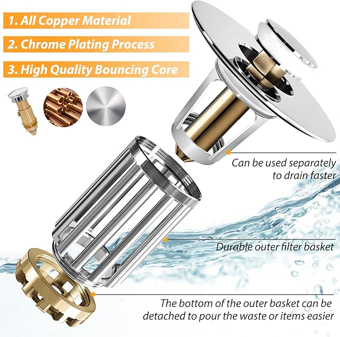 Anlige Bathroom Sink Drain Strainer, 3 in 1 Pop Up Bathroom Sink Stopper with Removable Brass Basket Hair Catcher, Universal Sink Plug for 1.06 to 1.6in Drain Hole, Chrome Silver