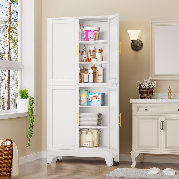 GAIOUS 75.2" Tall Metal Pantry Cabinet, Kitchen Pantry Storage Cabinets with 4 Door and 4 Adjustable Shelves, White Storage Cabinet, Freestanding Cupboard for Kitchen Dining Room Living Room Bathroom
