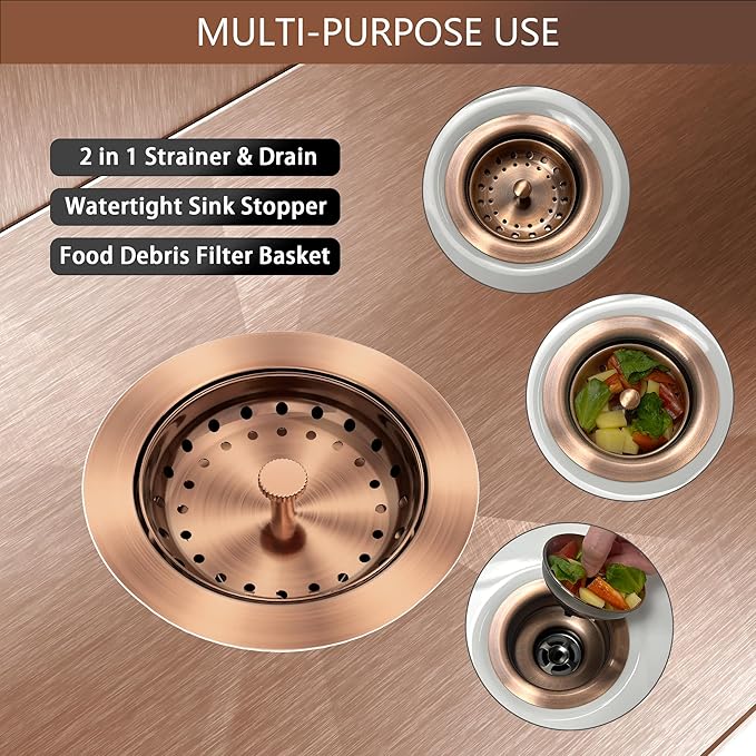 Kitchen Sink Drain Copper 3-1/2 Inch Stainless Steel Kitchen Drain Strainer Assembly Kit with Strainer Basket and Drain Stopper for Standard Sink Drains Antique Copper