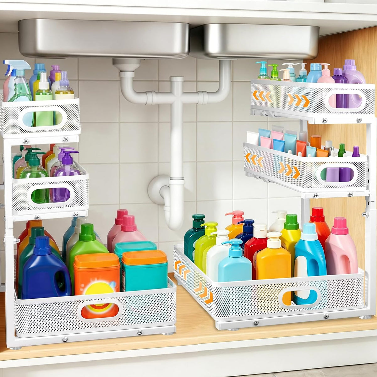 3 Tier Adjustable Under Sink Organizer for Bathroom & Kitchen(2Pack, White)
