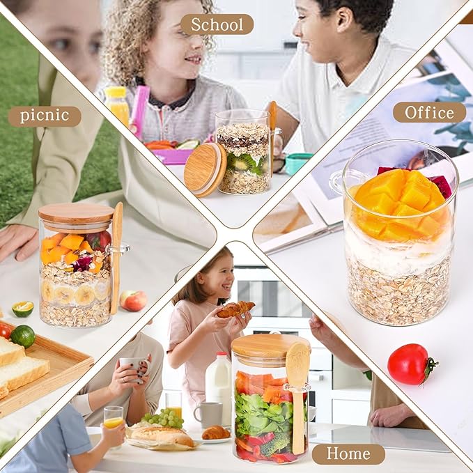 Overnight Oats Containers with Lids and Spoon [Thickened Version], Glass Jars with Bamboo Lids, 4 Pack 18 ozOatmeal and Salad Meal Prep Containers,Chia Seed Pudding Jars