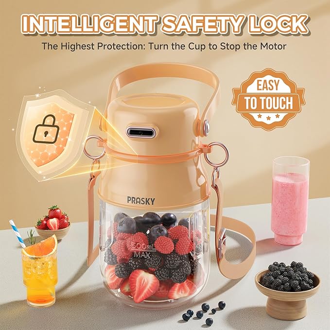 Portable Blender, Personal Blender for Shakes and Smoothies with 27oz Cup, Lid and Shoulder Strap, Type-C USB Rechargeable, BPA-Free for Travel/Kitchen (Light Orange)