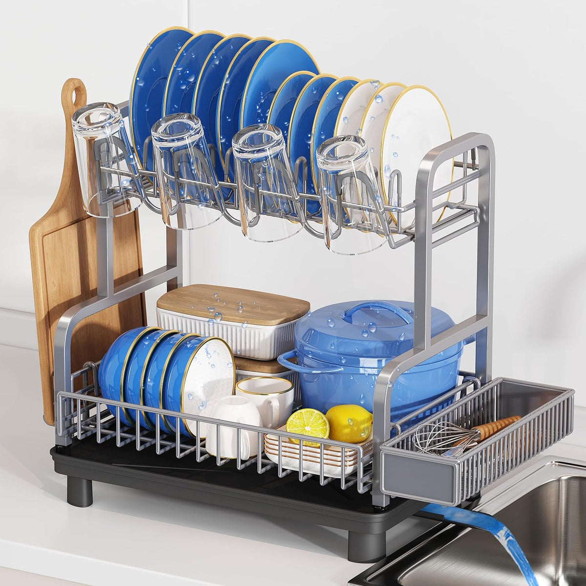 Dish Drying Rack for Kitchen Counter, Dish Drainer with Drainboard