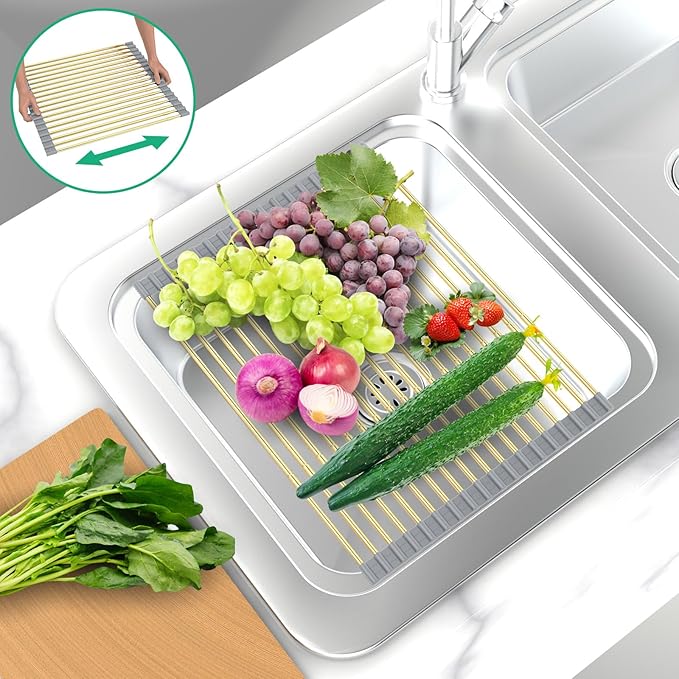 Large Expandable Roll Up Dish Drying Rack, Heat-Resistant Dish Drainer for Stainless Steel Sinks, Over The Sink Non-Slip Silicone Rollable Dish Drainer Roll Rack 18 Tube Gray Silicone & Gold Tube