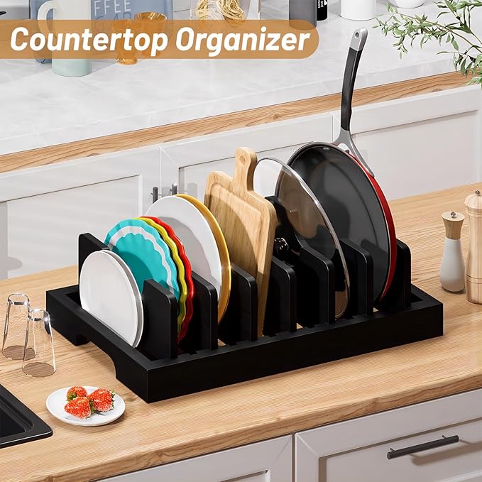 Kiasthome Bamboo Pot and Pan Organizer, Pot Lid Organizer Holder Rack for Countertop Drawer, Kitchen Cabinet Organizer with 7 Adjustable Dividers for Pots, Pans, Baking Sheets, Cutting Boards, Black