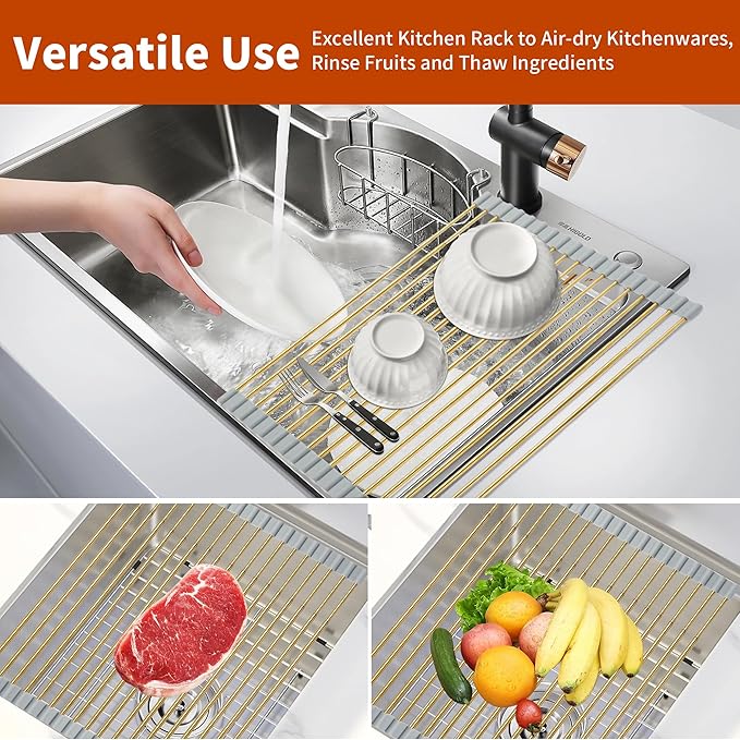 Golden Expandable Roll-UP Dish Drying Rack-Large 304 Stainless Steel Dish Drainer Over The Sink for Kitchen Countertop,Extendable & Rollable & Food Grade (Gold,22.08'x 13.2')