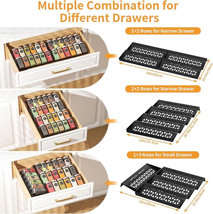 RCHYFEED 4 Tier Spice Drawer Organizer, (Need 3.5" Deep Drawer) 4 Pack Metal Non-Slip Spice Rack for Drawer Free Combination, Adjustable Spice Rack Drawer Insert, Spice Organization for Drawer