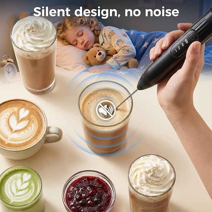 Milk Frother, 3-Speed Rechargeable Handheld Electric Foam Maker with USB-C, 2 Whisks for Coffee Latte Cappuccino, 304 Stainless Steel Drink Mixer for Hot Chocolate Matcha Protein Shakes (Black)