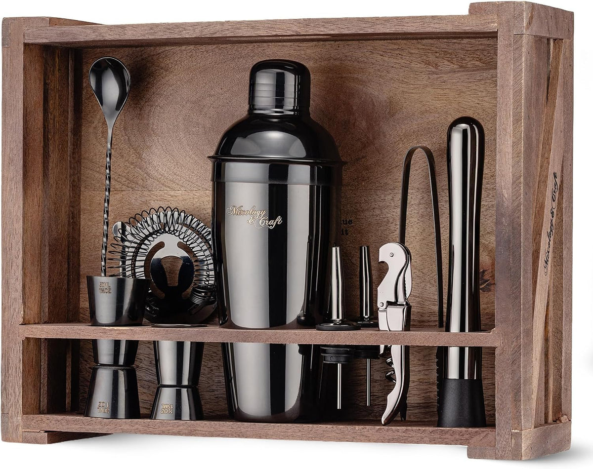 Rustic Cocktail Shaker Set – Includes Wood Stand, Complete Barware Kit with 24 Oz Shaker, Dual Jiggers, Pourers, Muddler, Strainer – Perfect for Home Bartenders (Gun-Metal Black)