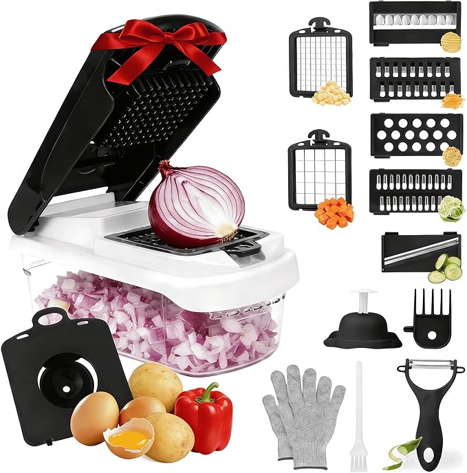 Mandoline Slicer for Kitchen, Vegetable Chopper & Dicer, Professional Food Slicer with Stainless Steel Blades, Safe Veggie Chopper for Onion Potato Carrot Fruit, Easy to Clean